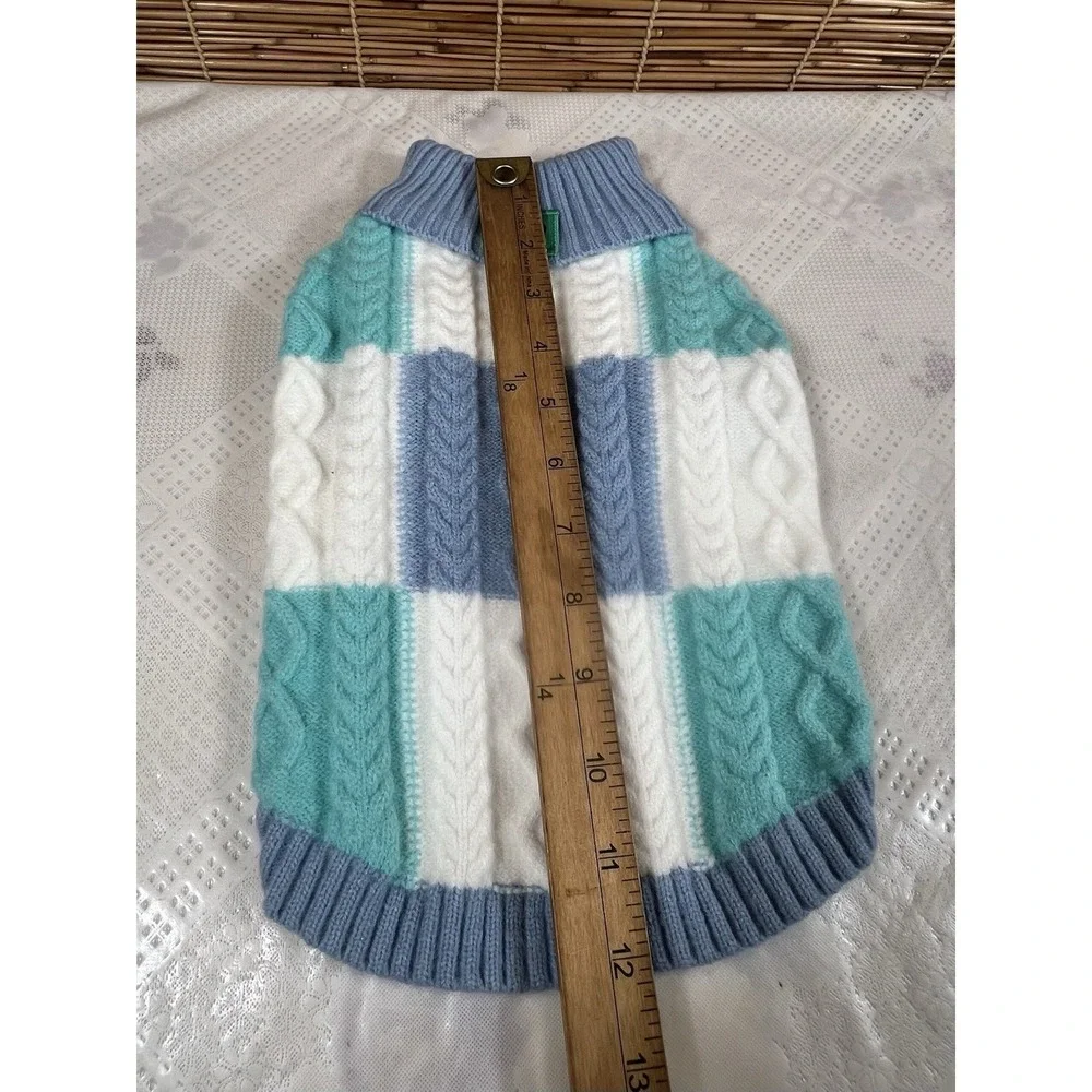 To A Turn Pullover Dog Sweater Blue/ White /green ‎ Size SMALL (6/9 Pound )
